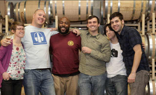 The team behind Independent Beer Series- from l to r CBG Nik (middle) Kent Weber, Stephen Poon and Mark Skala.. at Koval Distillery in Ravenswood on the day we interviewed Randy Mosher and Beer Download Co-Host Steve Mastny (big guy, white t shirt) special thanks to our host for the evening Kristine Sherred..as cool as they come