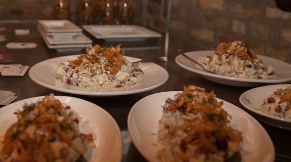 Maytag Blue Cheese Potatoes (red potatoes, celery, bacon lardons, house-made Maytag blue cheese-dill dressing, fried onions).