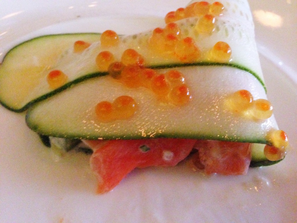 first course: confit fjord trout with zucchini, smoked serranos, trout roe & purslane.