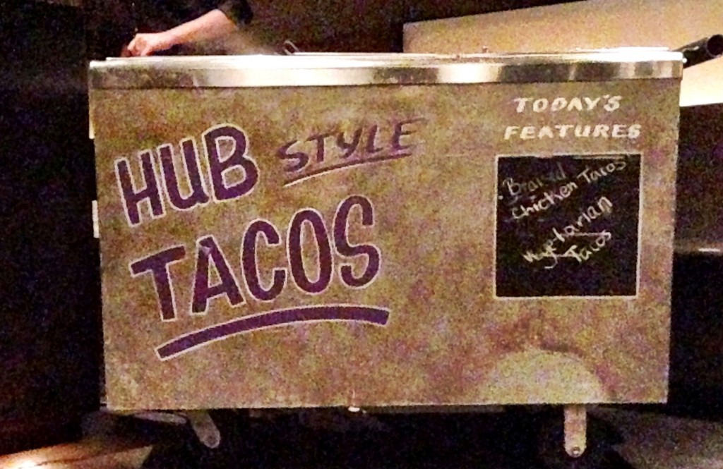 sushi apps , mini sandwiches, desserts and the Hub tacos station were the menu items