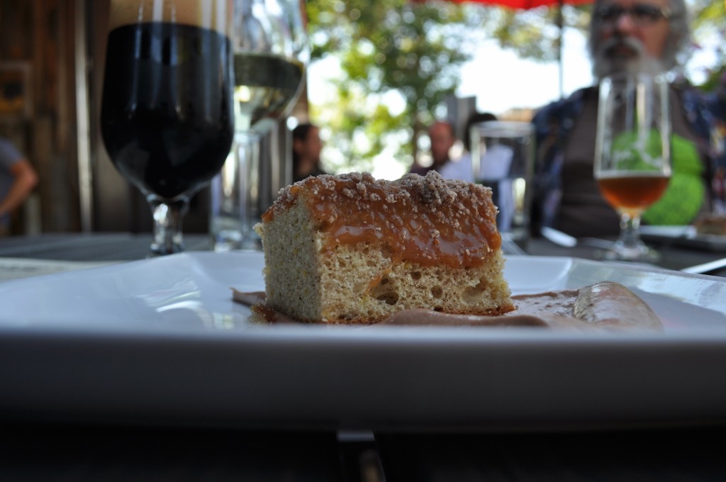 spiced coffee cake, caramel sauce, chocolate cream cheese mousse